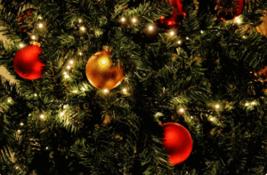 Decorated Christmas tree with green branches, warm white string lights, and red and gold baubles hanging throughout.