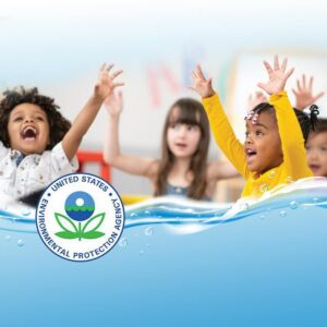 Happy children with raised hands celebrating near water with EPA Environmental Protection Agency logo overlay.