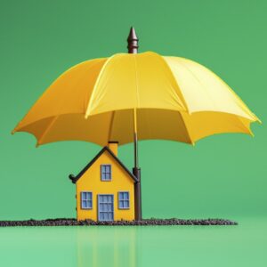 Yellow house sheltered under a large yellow umbrella against a green background, symbolizing home protection and weather safety.