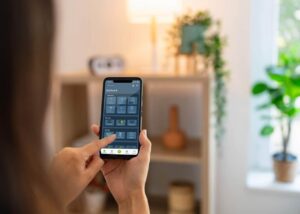 Hand holding smartphone displaying smart home dashboard with various connected device controls and automation scenes.