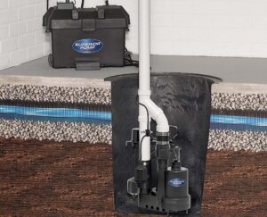 Superior Pump battery backup sump pump system installed in underground basin with discharge pipe and control unit above ground.