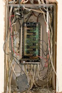Deteriorating electrical panel with corroded components, tangled wiring, and worn circuit breakers requiring professional repair.