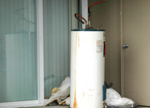 White cylindrical water heater tank with rust stains, copper piping connections, and insulation material on floor in utility room.