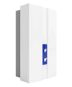 White tankless water heater with blue control panel featuring two knobs and indicator lights.